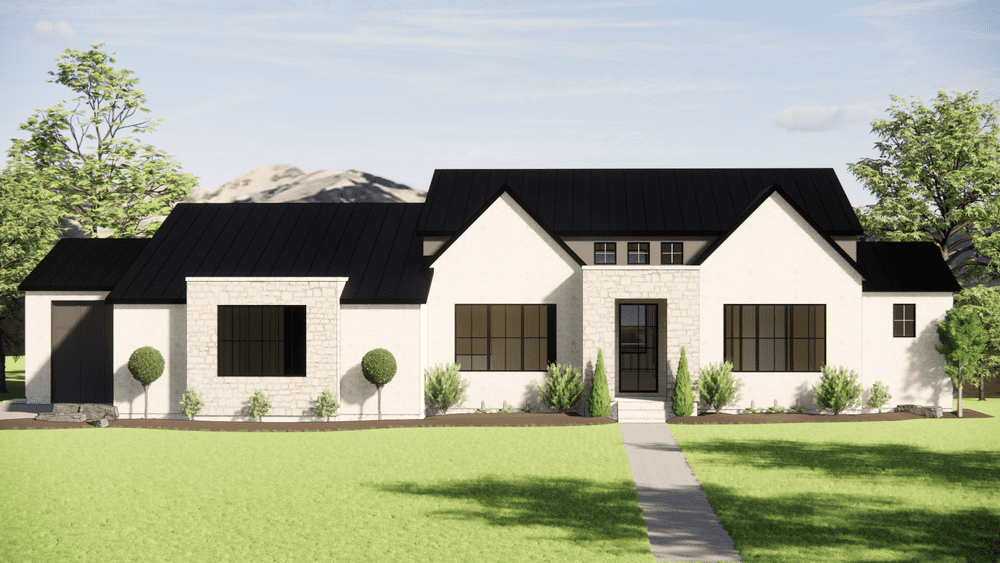 3d image of white house and green lawn with mountain backdrop by 10x builders in orem utah