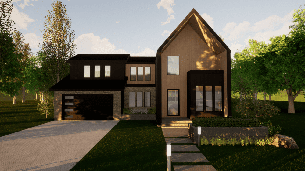 tan home rendering with lots of windows and a modern garage by 10x builders in utah county